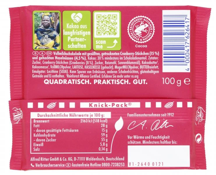 Ritter Sport Bunte Vielfalt Cranberry Nuss 2 Ritter Sport Bunte Vielfalt Cranberry Nuss – Bild 2